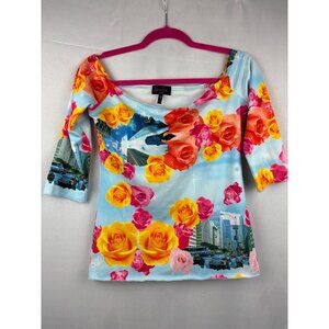 Patricia Field Floral & Cityscape Print Off-Shoulder Top S 92% Polyester 8% Elas